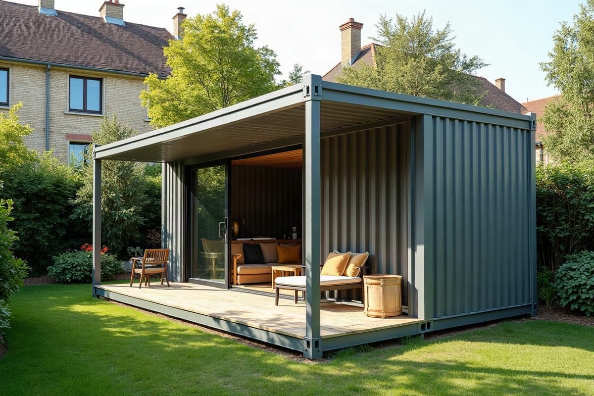 Bureau container gris au fond d'un jardin, auvent sur une terrasse en bois, baie vitrée ouverte