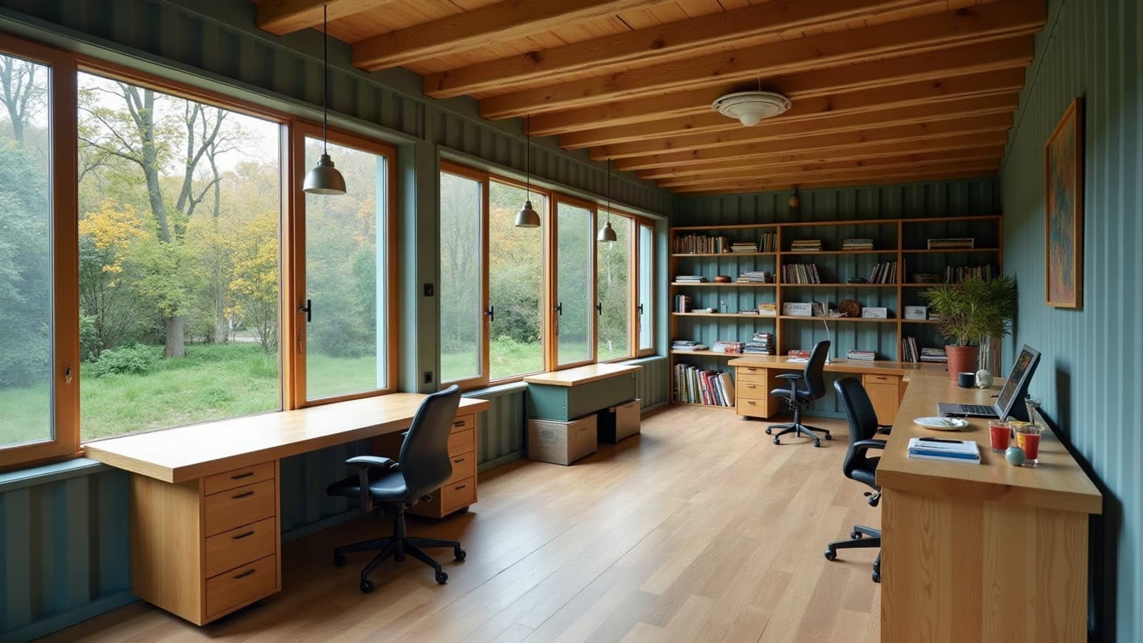 Intérieur d'un bureau container lumineux, plan de travail en bois face à une baie vitrée