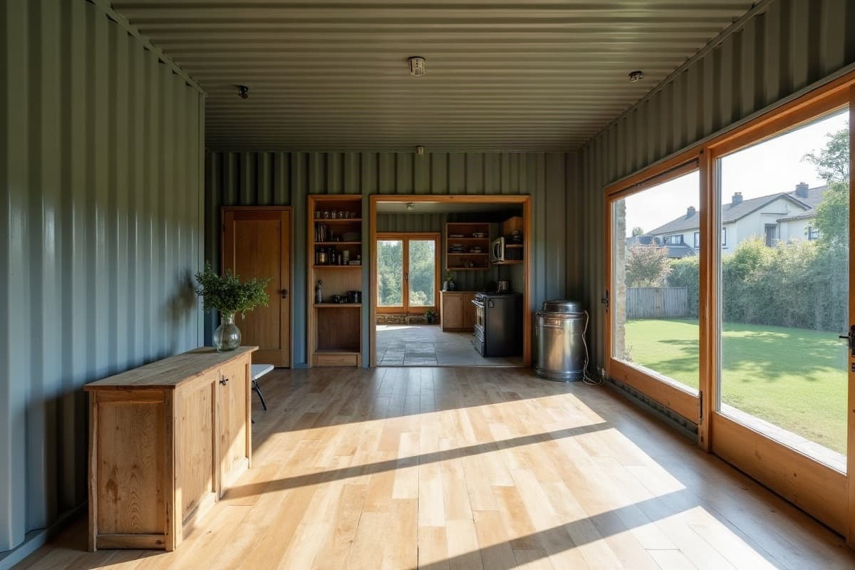 Séjour lumineux d'une extension en container, passage ouvert vers la maison, parquet continu