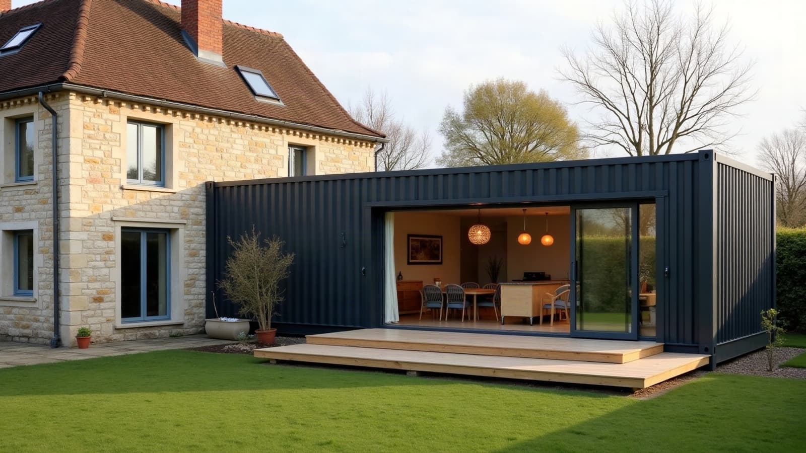 Extension en container d'acier noir accolée à une maison en pierre, baie vitrée sur le jardin