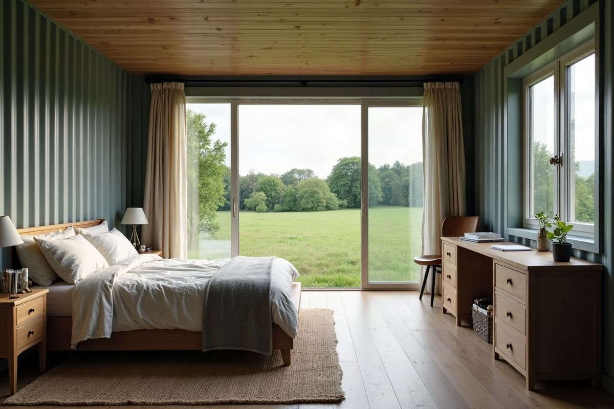Intérieur d'un gîte container, lit face à une baie vitrée ouverte sur la campagne