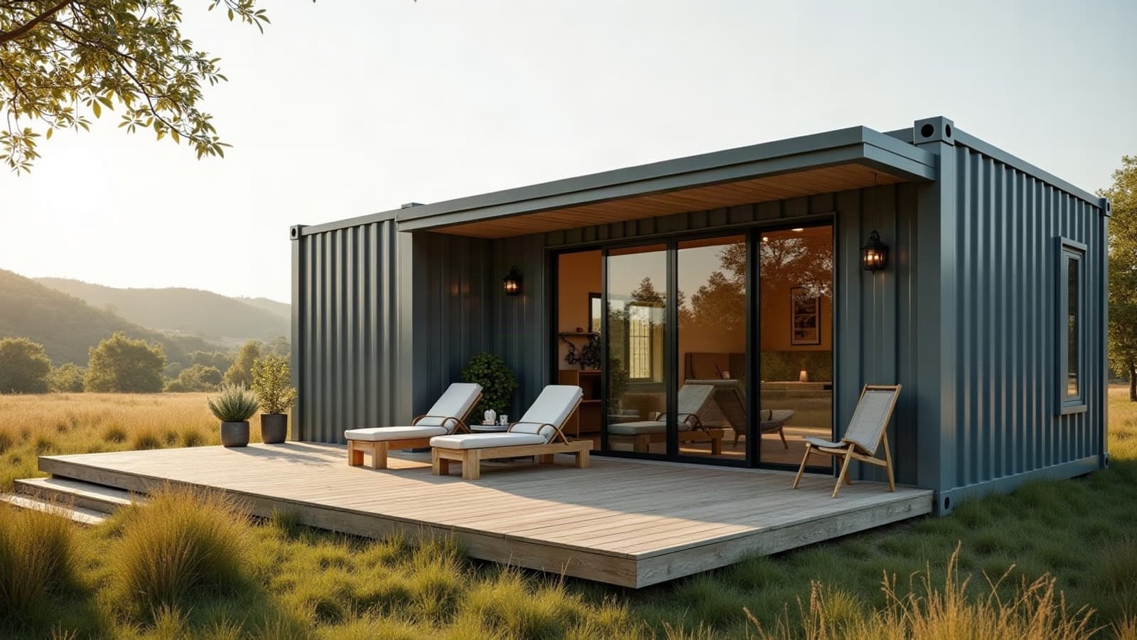 Gîte en container bardé de bois avec terrasse, au bord d'un pré