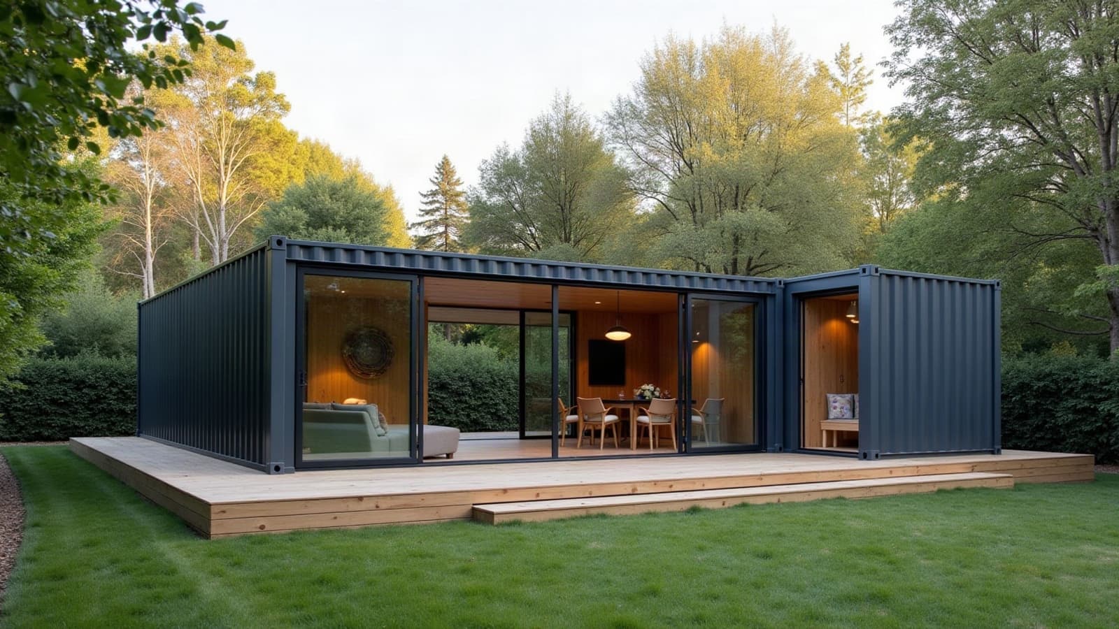Maison container anthracite à grande baie vitrée, terrasse bois, posée dans un jardin