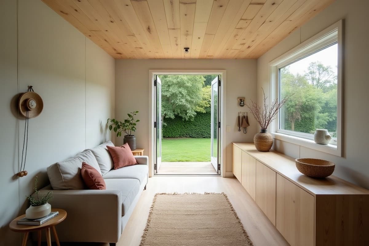 Séjour fini d'une maison container, murs isolés et lissés en blanc, plafond en chêne clair, baie sur le jardin