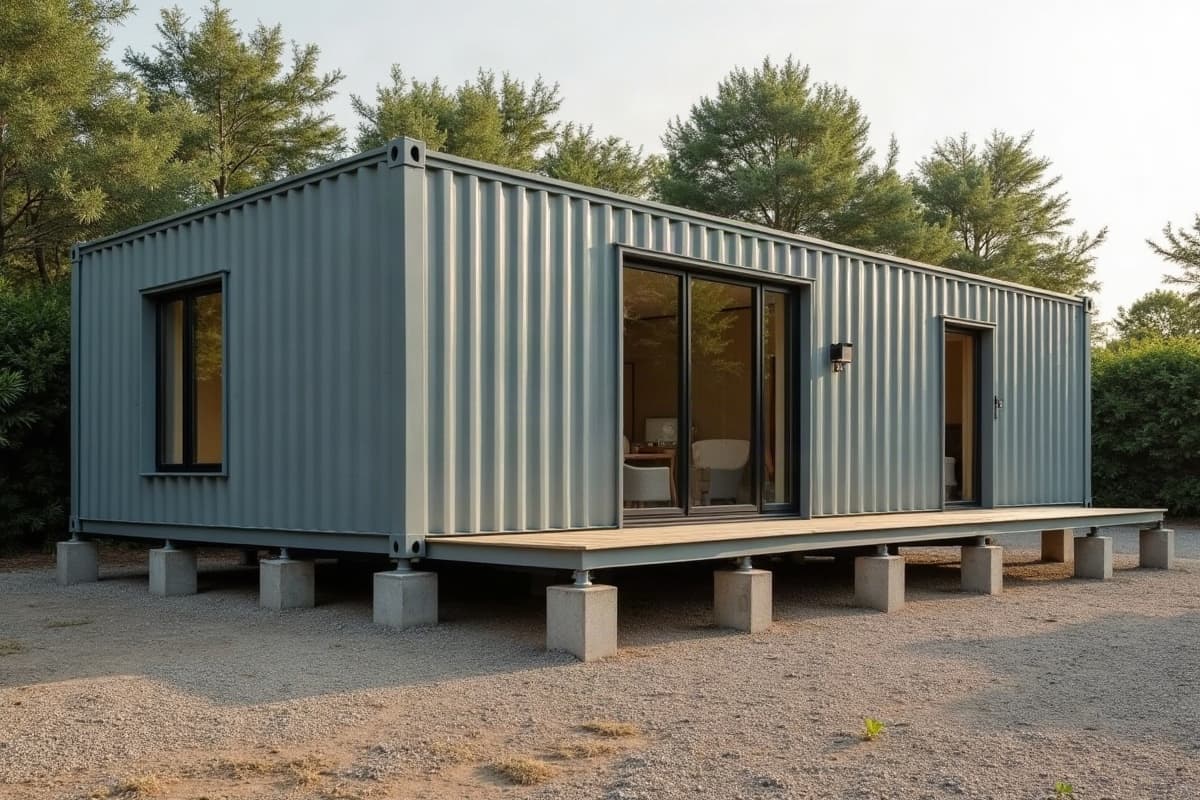 Maison container grise posée sur des plots en béton, surélevée au-dessus d'un sol de gravier, terrasse en bois