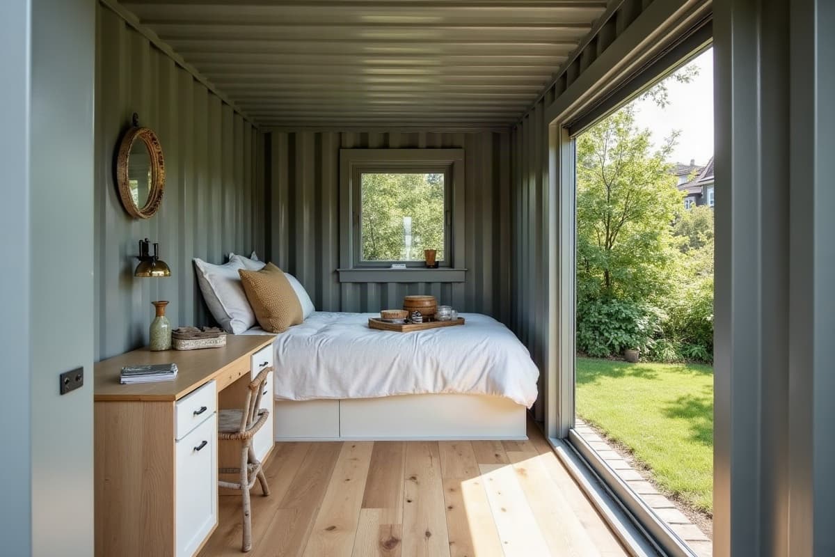 Intérieur d'un studio container, lit, rangements en bois clair et fenêtre sur le jardin