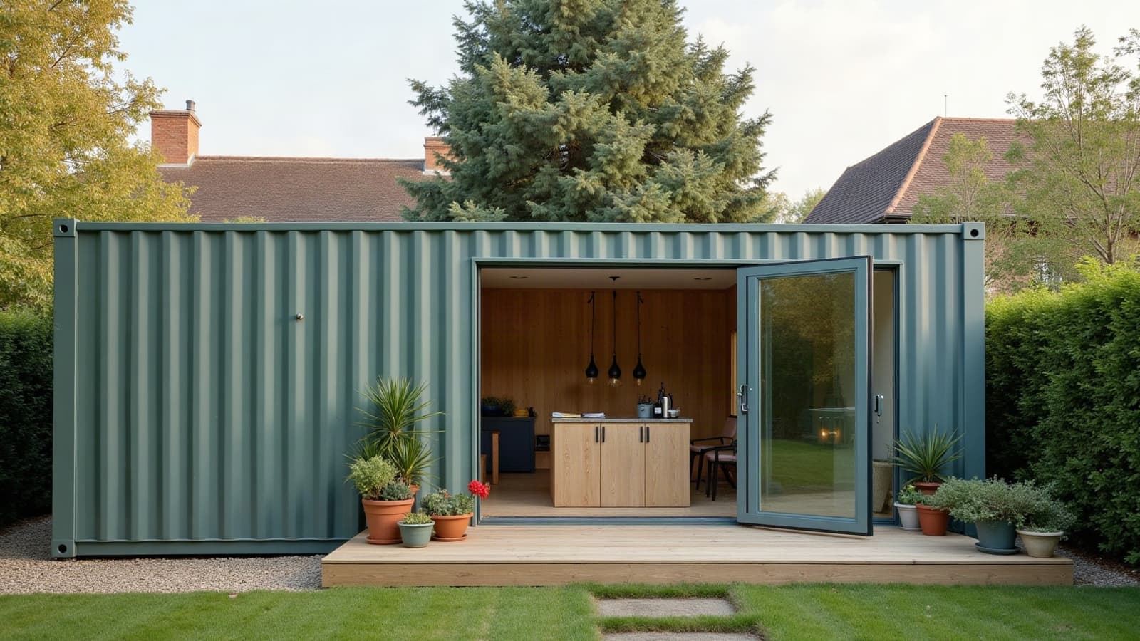 Studio de jardin en container vert sauge, porte vitrée ouverte sur une petite terrasse