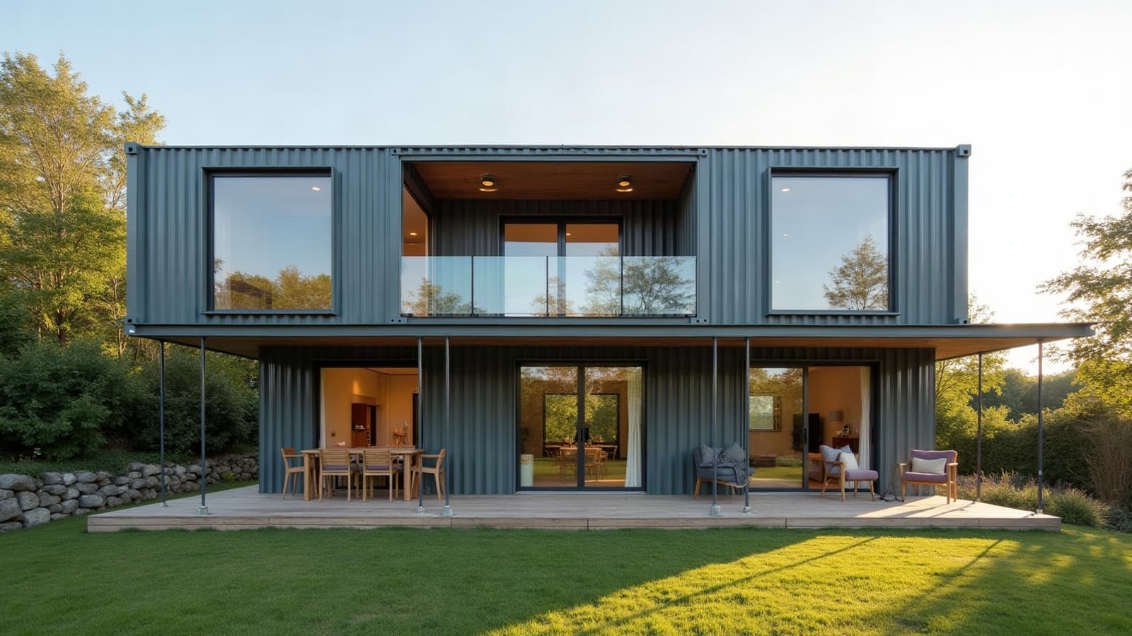 Maison container finie, bardage bois et acier anthracite, grande baie vitrée ouverte sur une terrasse