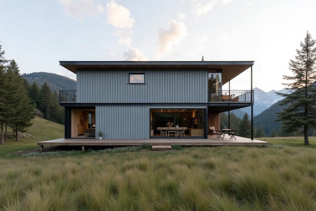 Maison container sur deux niveaux en acier gris, balcon à l'étage, prairie et sapins au pied des montagnes