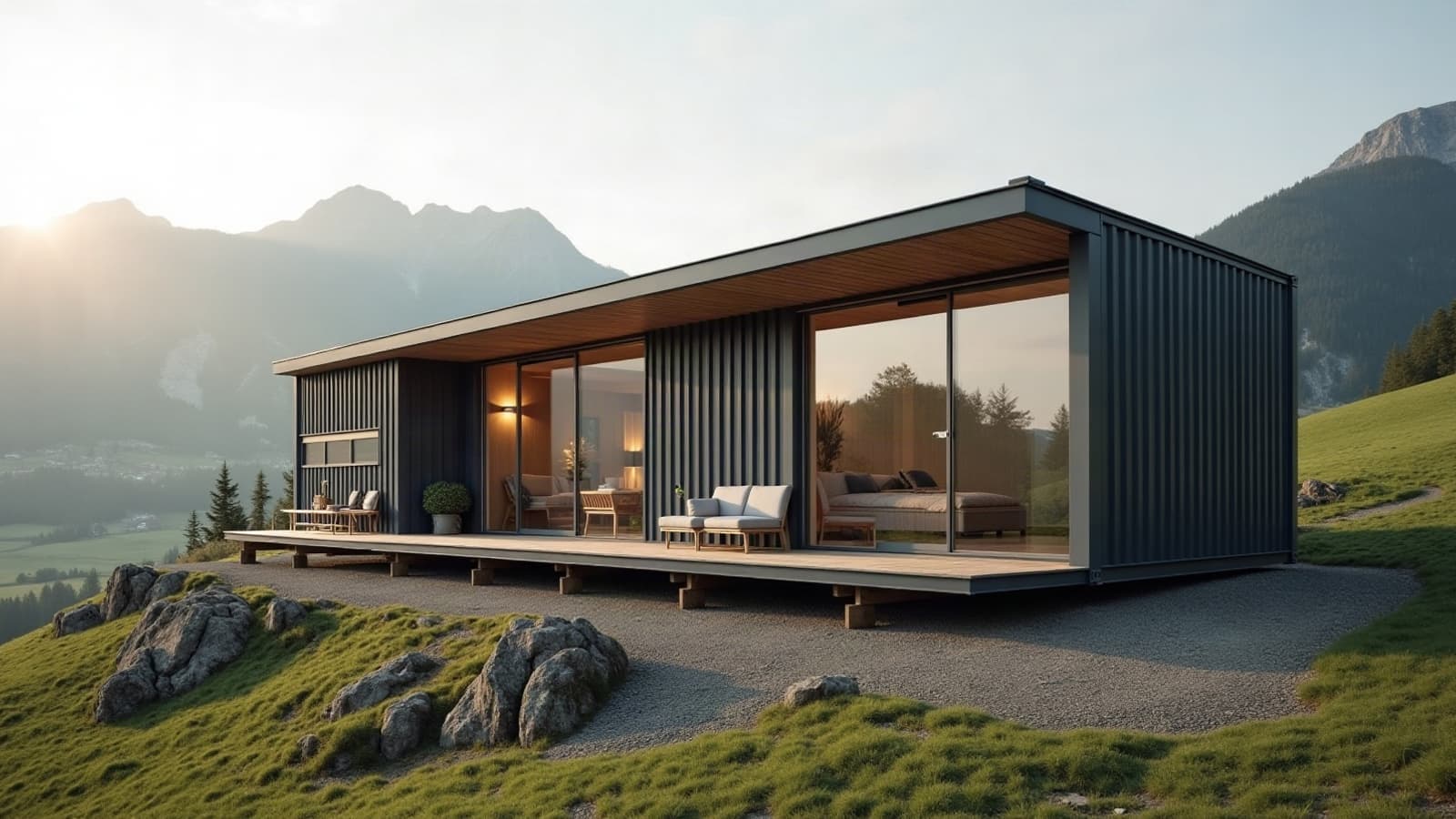 Maison container en acier anthracite avec débord de toit, terrasse sur plots face aux montagnes et aux rochers