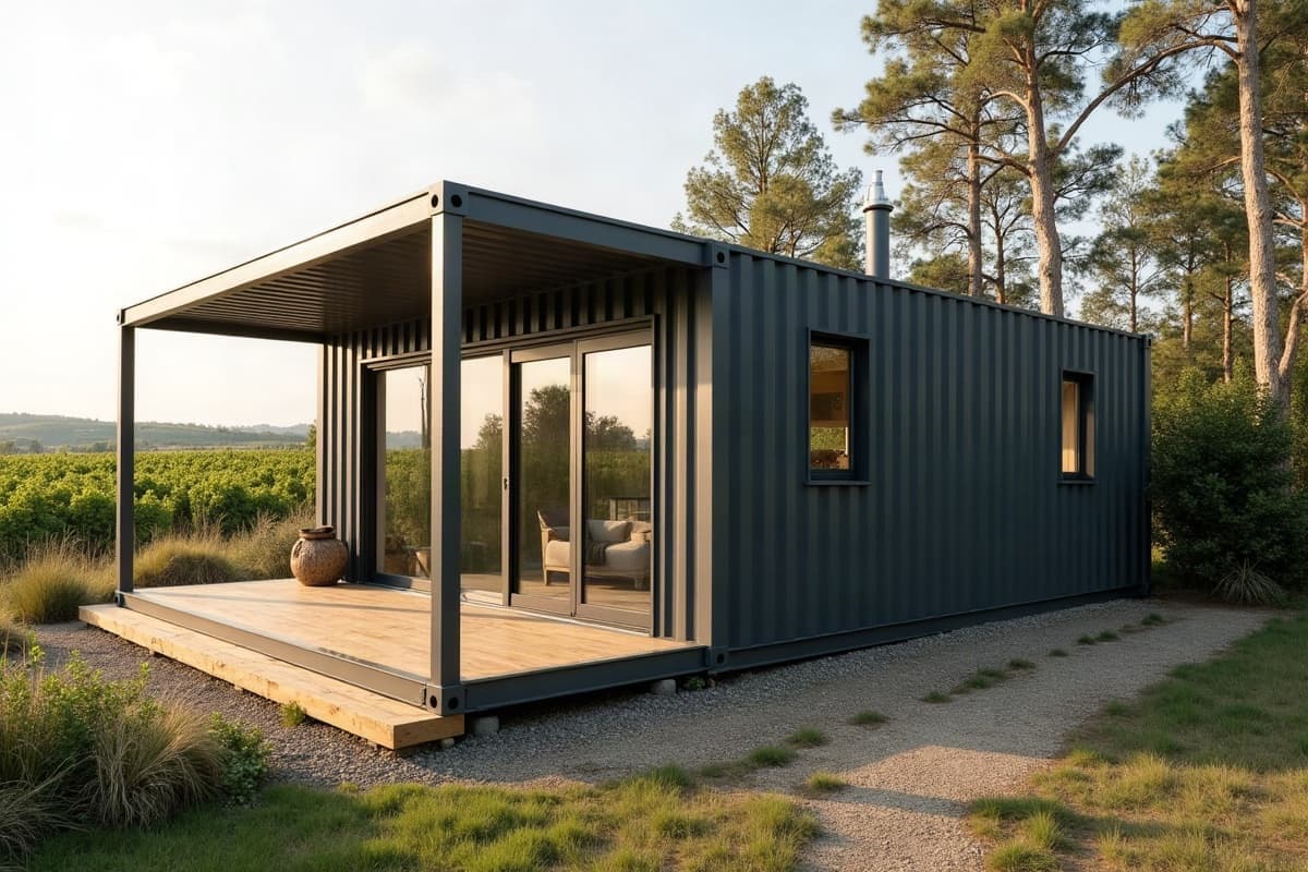 Maison container en acier anthracite avec auvent sur une terrasse en bois, vignes à côté