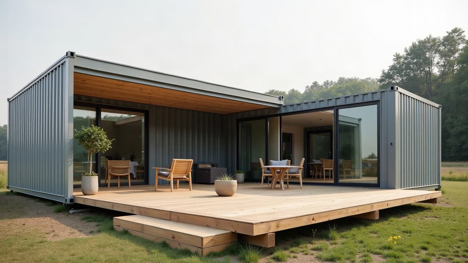 Maison container en L en acier gris autour d'une grande terrasse en bois, arbres en fond