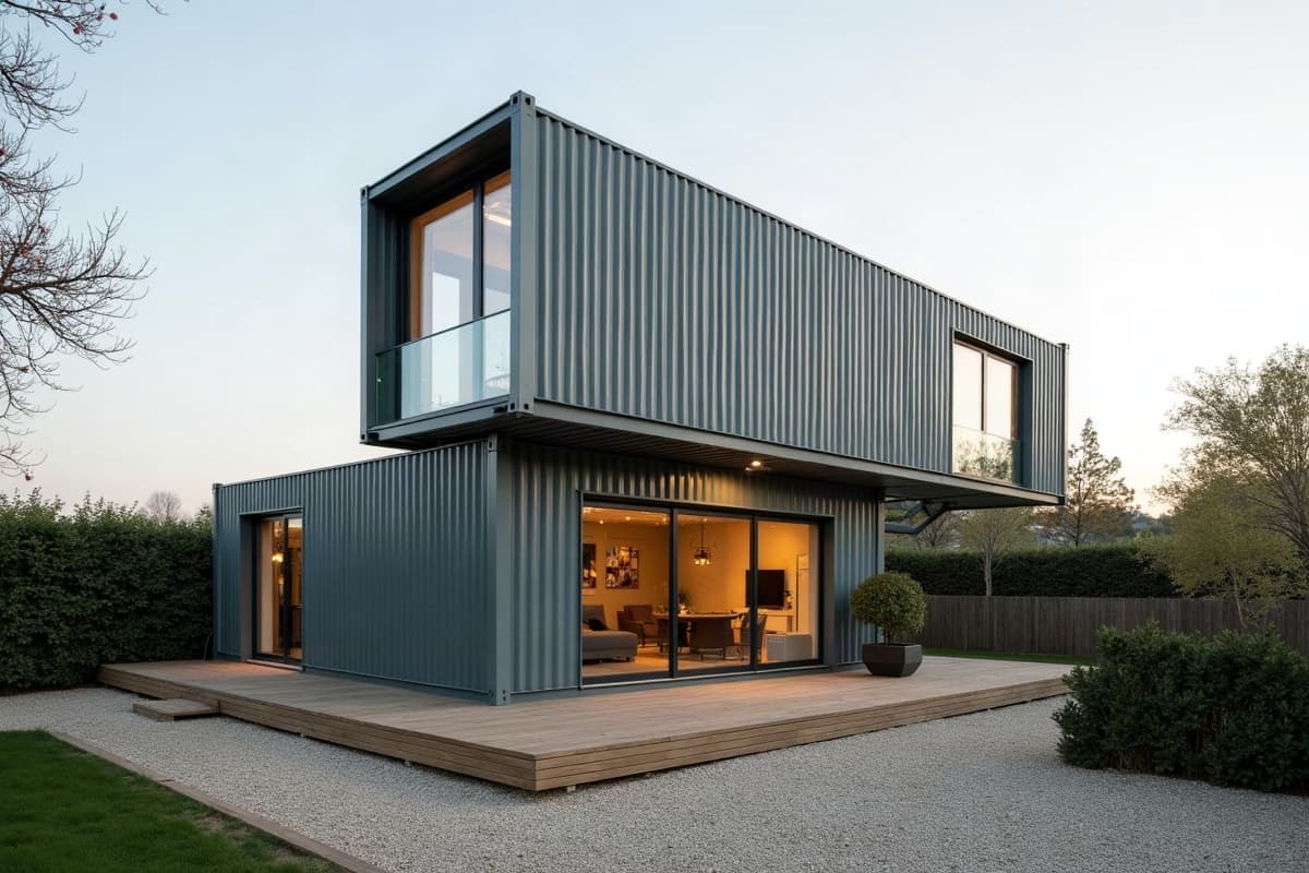 Maison container sur deux niveaux, boîte supérieure en porte-à-faux, terrasse en bois et haie basse