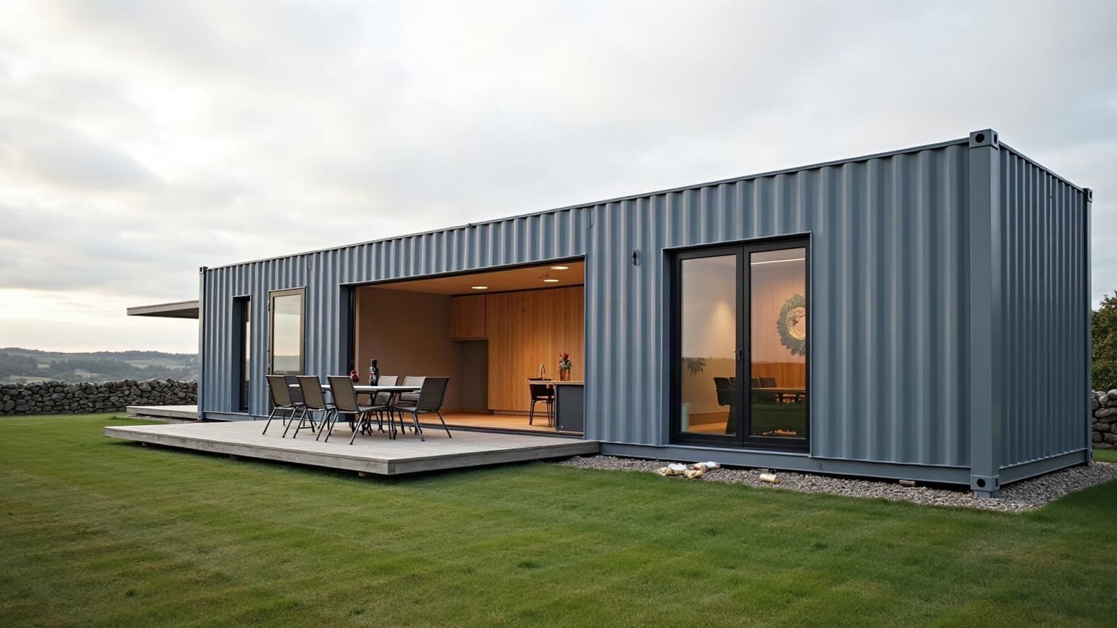 Maison container bardée de bois gris, grande baie vitrée, jardin d'herbe rase sous un ciel breton