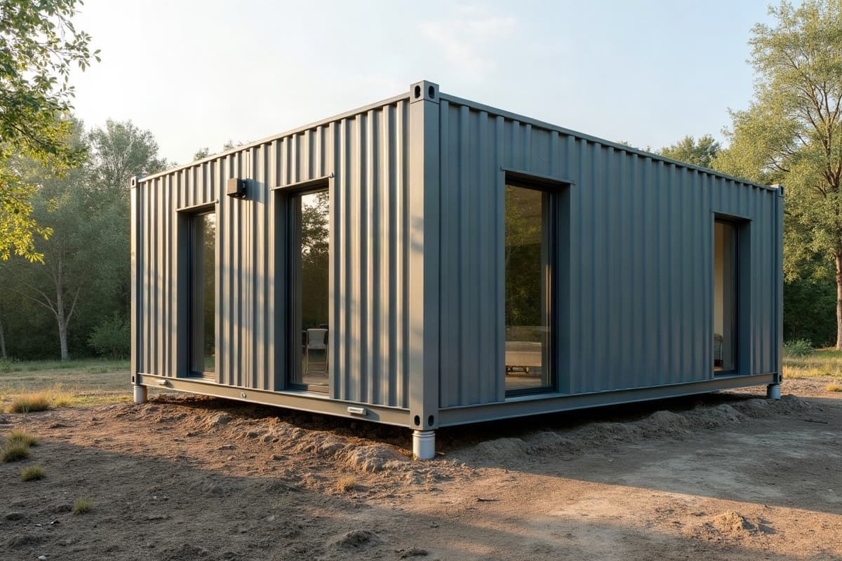 Container en acier gris posé sur plots au-dessus d'un terrain plat, prêt à être raccordé