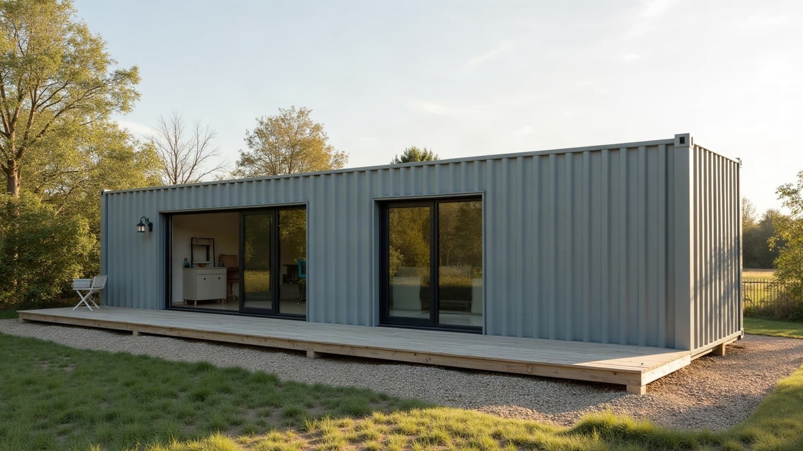 Maison container en acier gris de plain-pied, deux baies vitrées, terrasse en bois et jardin plat