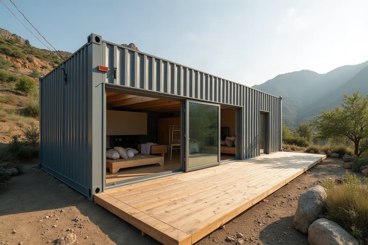 Terrasse en bois d'une maison container face aux montagnes, baie vitrée ouverte