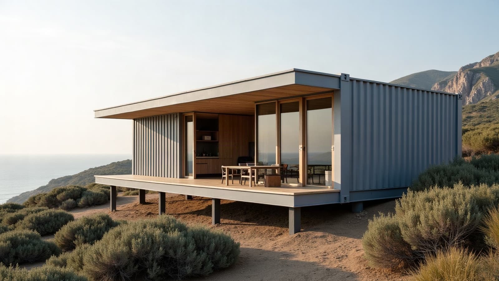 Maison container bardée de bois sur pieux, terrain en pente couvert de maquis, mer au loin
