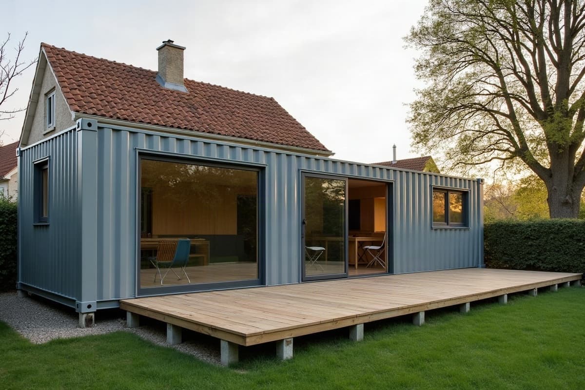 Maison container en acier gris dans le jardin d'une maison de village en pierre, terrasse en bois sur plots