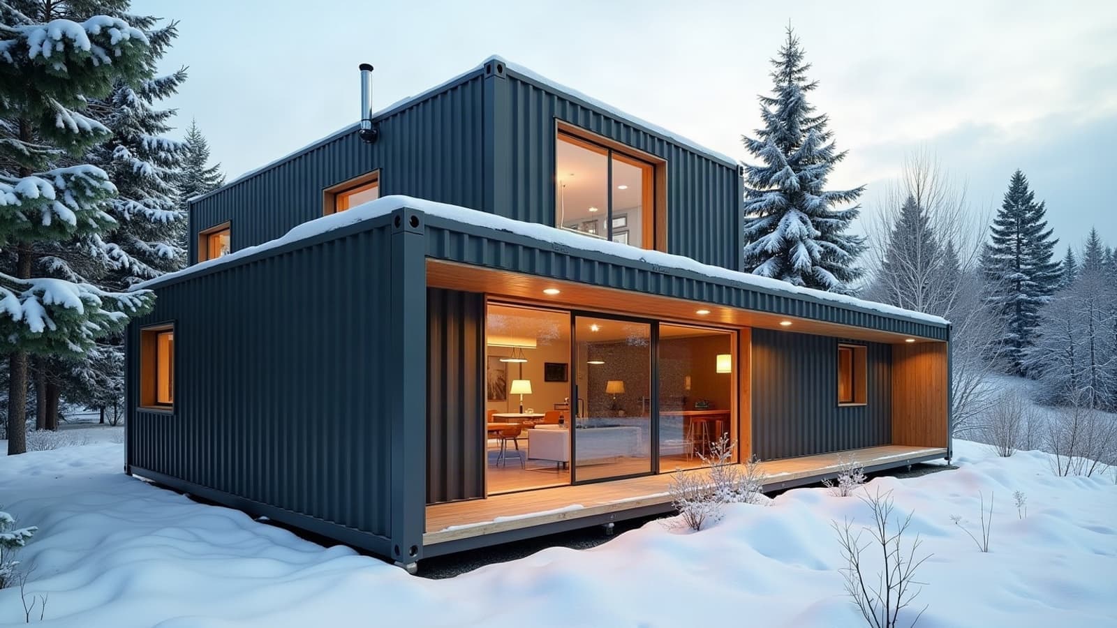 Maison container en acier sombre sous un léger manteau de neige, fenêtres éclairées