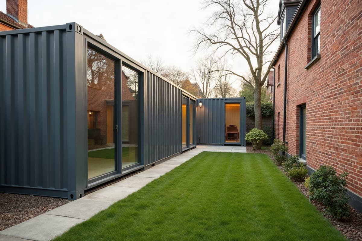 Studio container bardé de bois au fond d'un jardin de ville en longueur, pelouse et allée