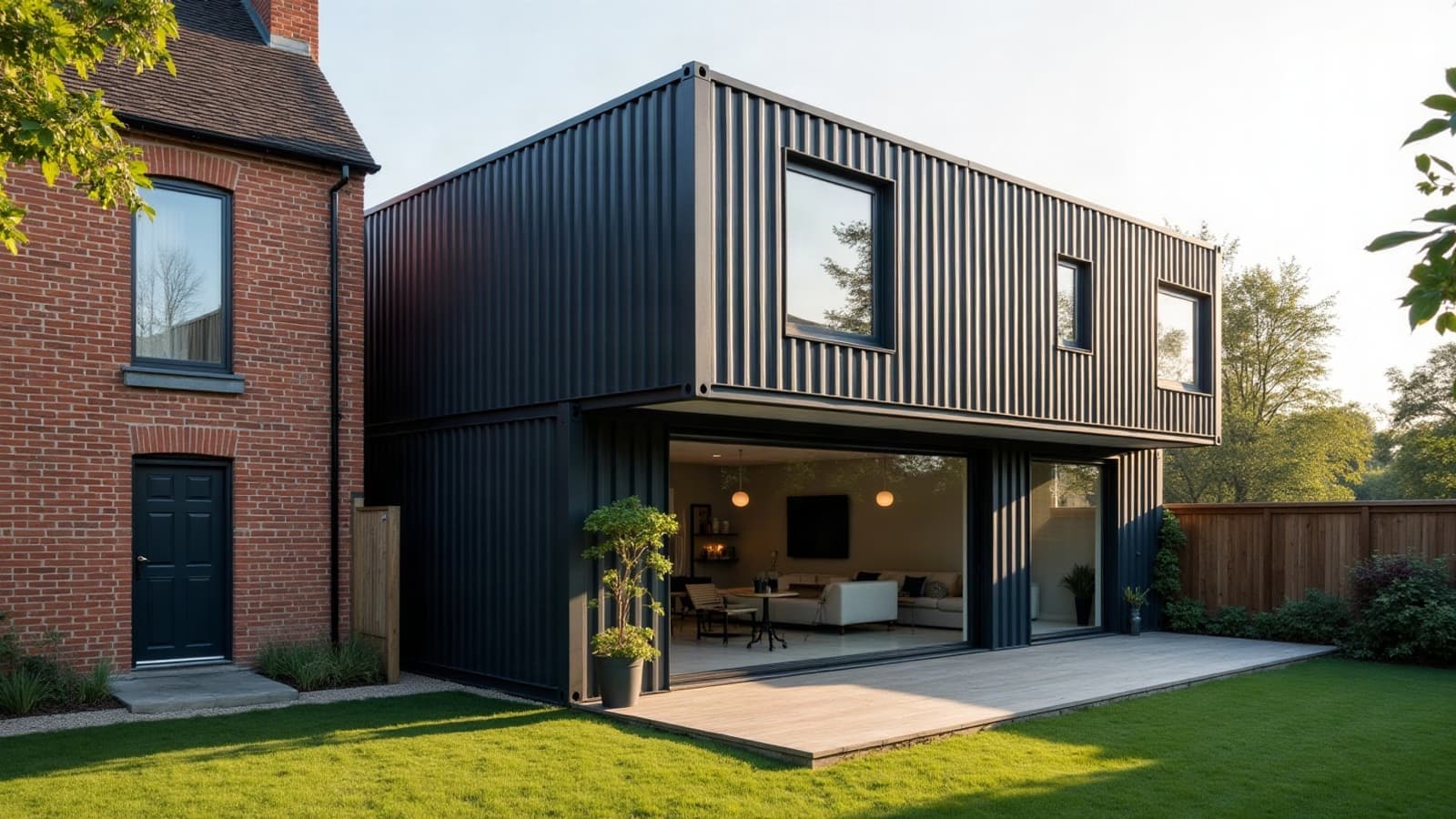 Extension en container d'acier noir accolée à une maison de briques rouges, baie vitrée sur le jardin
