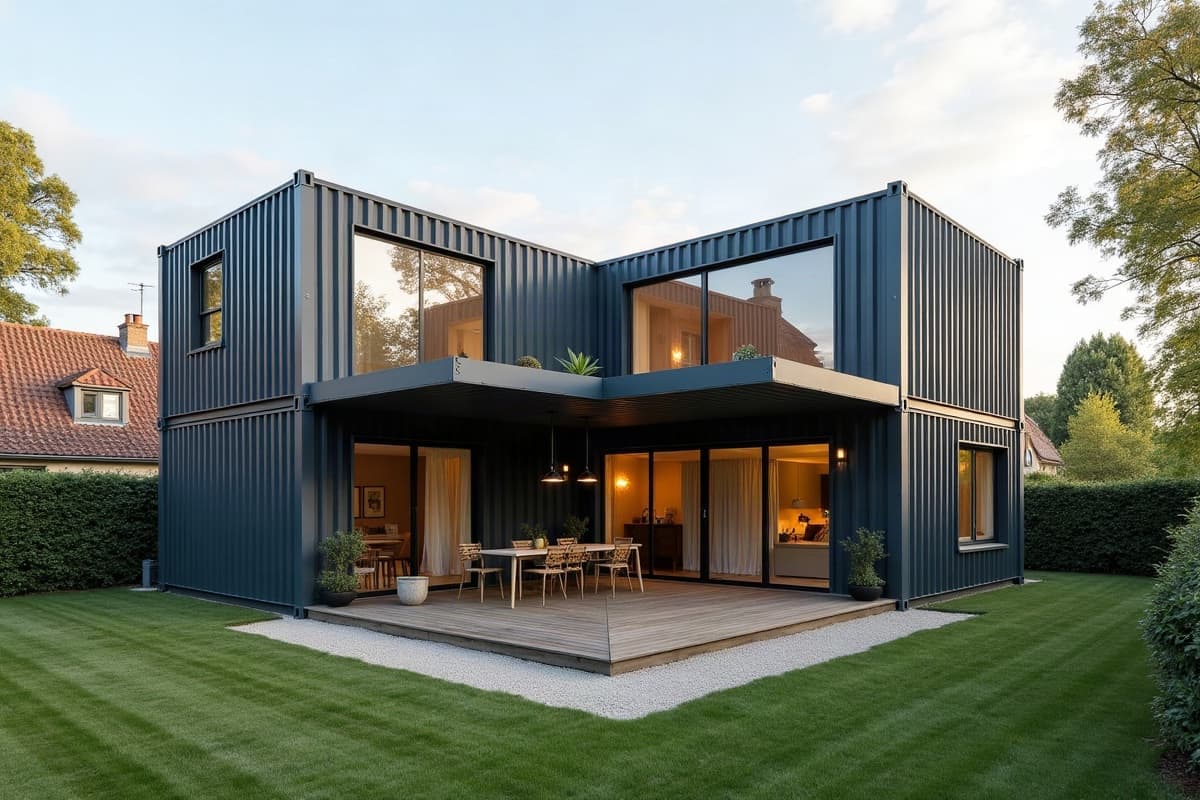 Maison container en L sur deux niveaux, acier anthracite, grandes baies sur le jardin