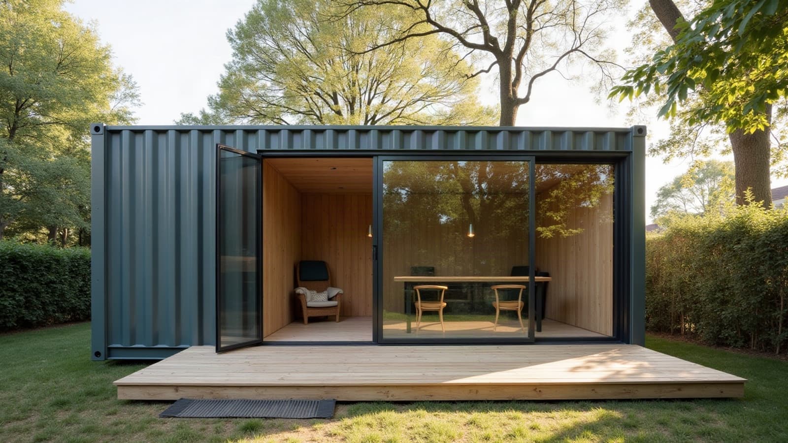 Bureau container en acier gris au fond d'un jardin de banlieue, baie vitrée et terrasse