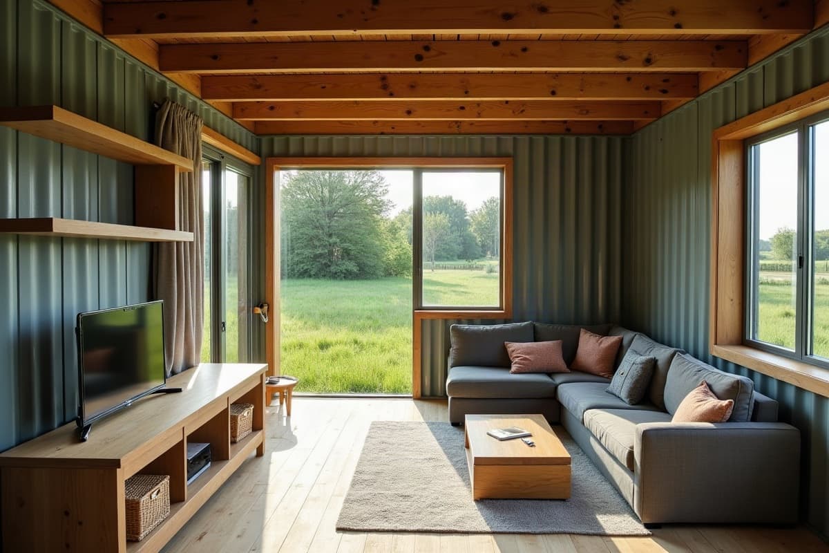 Intérieur lumineux d'une maison container, parois en acier ondulé peintes, fenêtre sur un pré vert