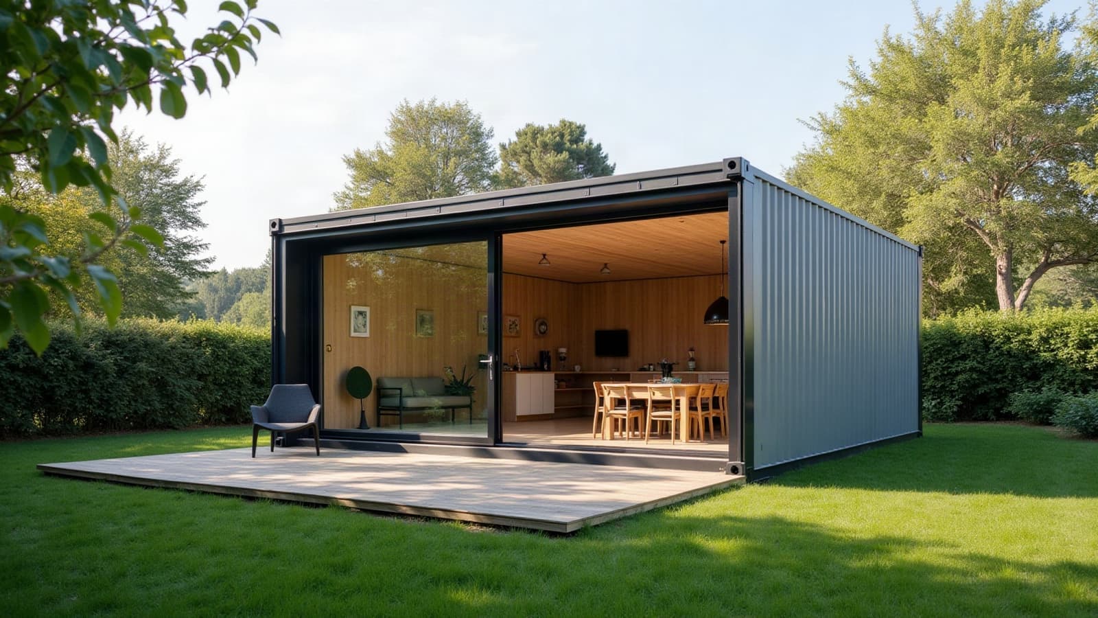 Maison container en acier gris dans un jardin normand bordé de haies, grande baie ouverte