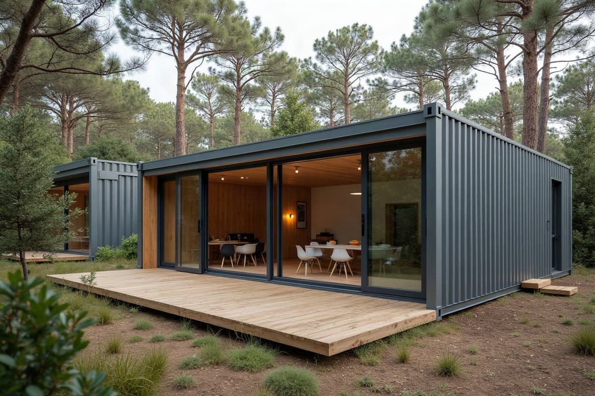 Maison container en acier anthracite avec terrasse en bois, baie vitrée ouverte, dans une clairière de pins
