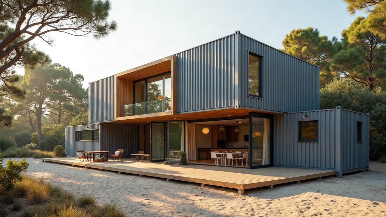 Maison container sur deux niveaux en acier, pins maritimes autour, grande terrasse