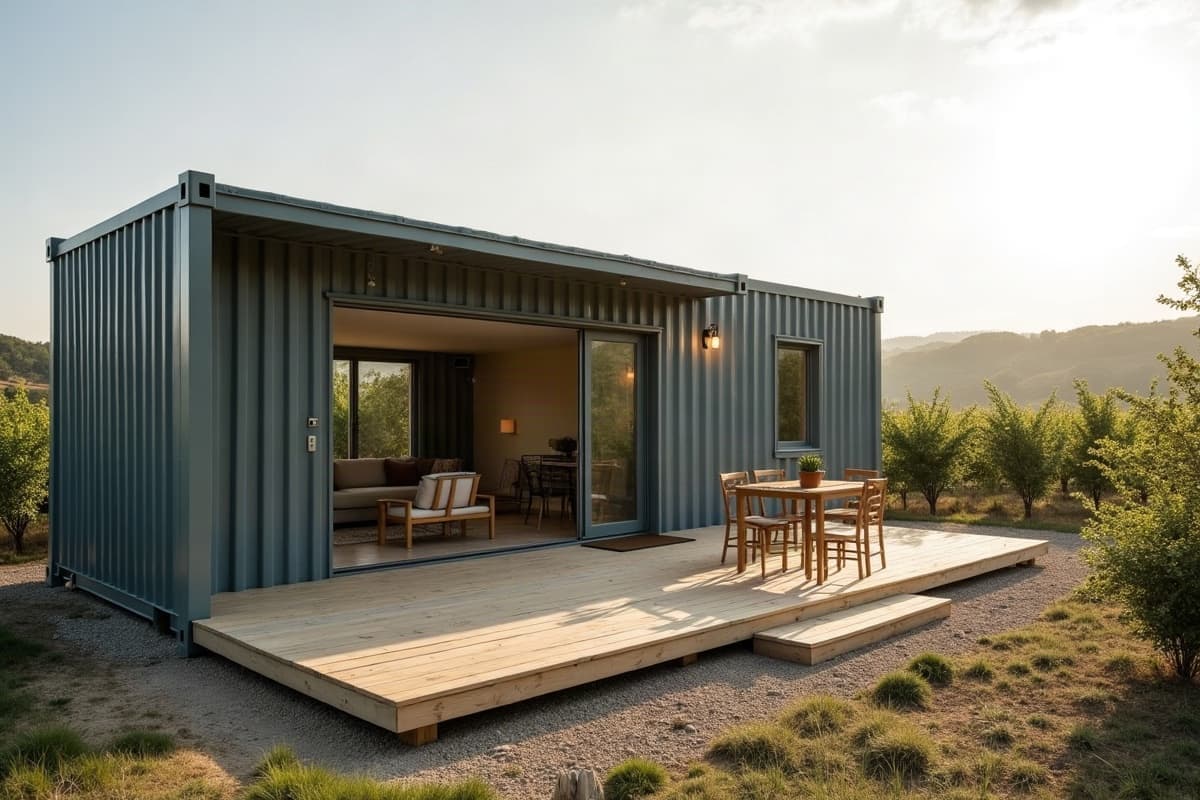 Maison container en acier gris au milieu d'un verger, terrasse face aux collines