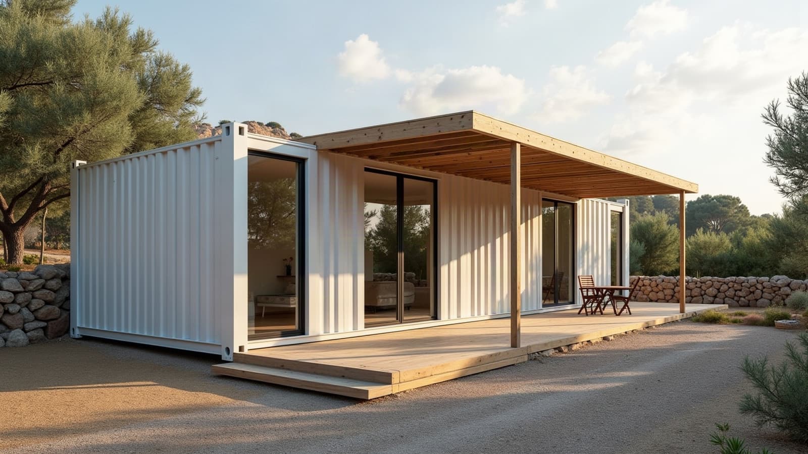 Maison container blanche avec débord de toit et pergola, terrasse ombragée
