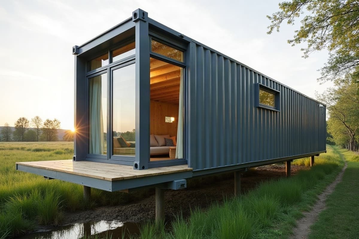 Maison container surélevée sur pieux au bord d'une prairie humide, terrasse en bois
