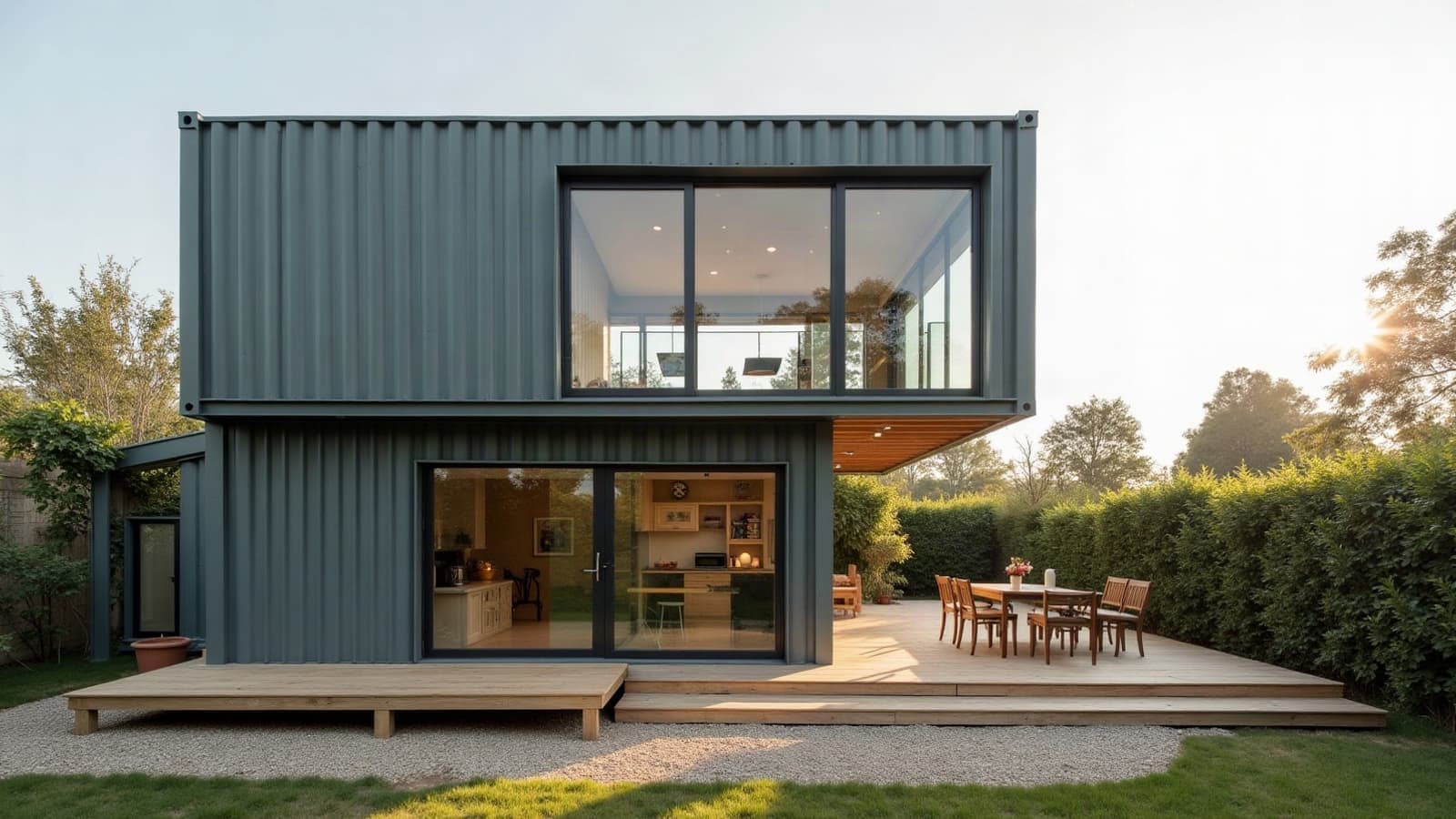 Maison container sur deux niveaux, boîte du haut décalée, acier gris et baies vitrées