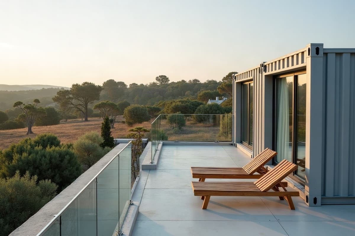 Terrasse sur le toit d'une maison container, garde-corps vitré et deux transats, vue sur des collines provençales