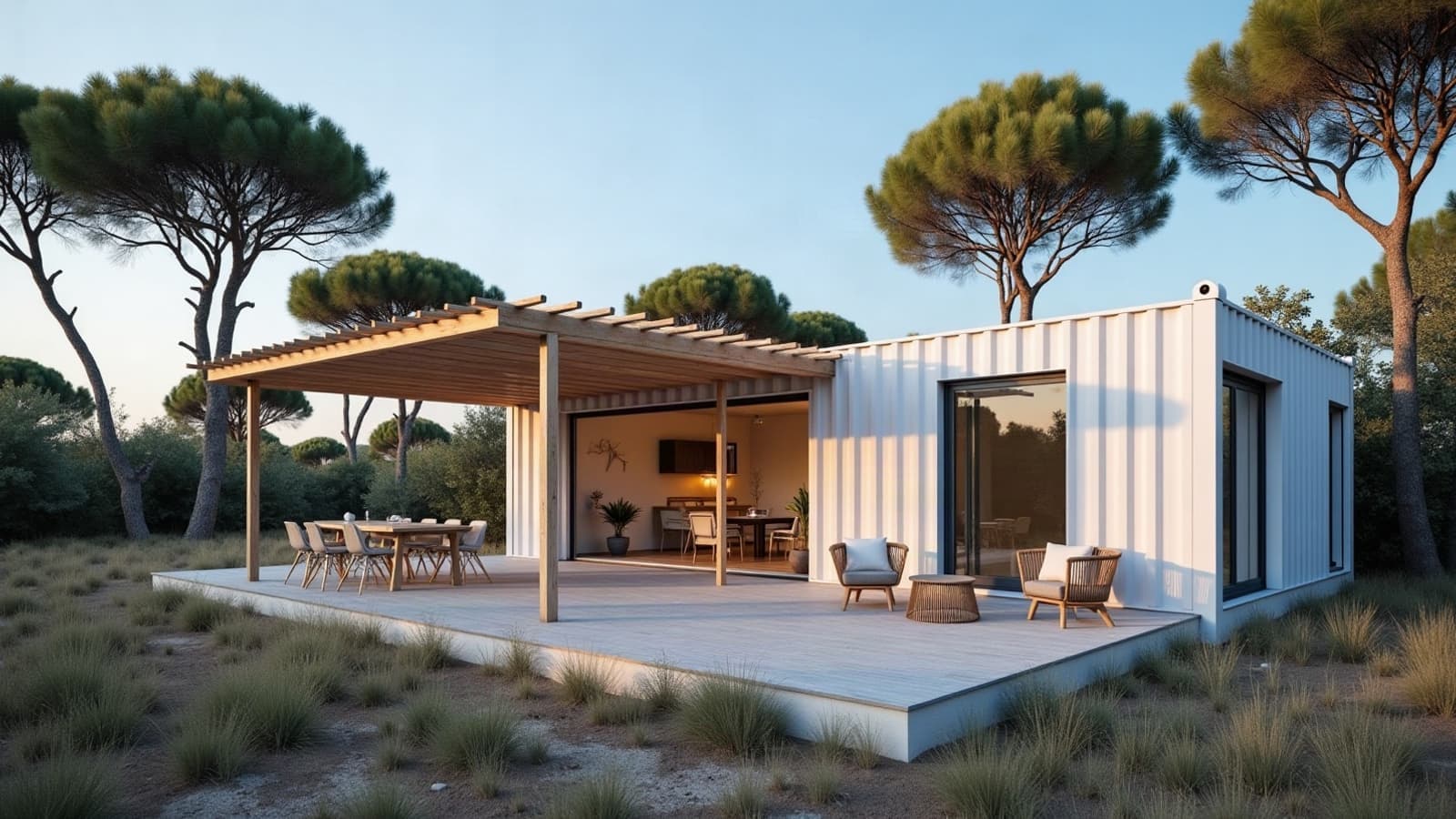 Maison container blanche avec pergola et terrasse, pins et garrigue autour, ciel bleu
