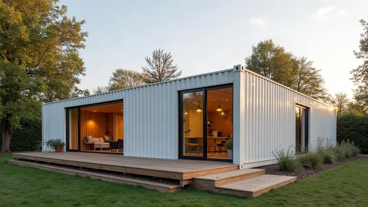 Module container blanc avec deux baies vitrées éclairées, terrasse en bois et marches sur la pelouse