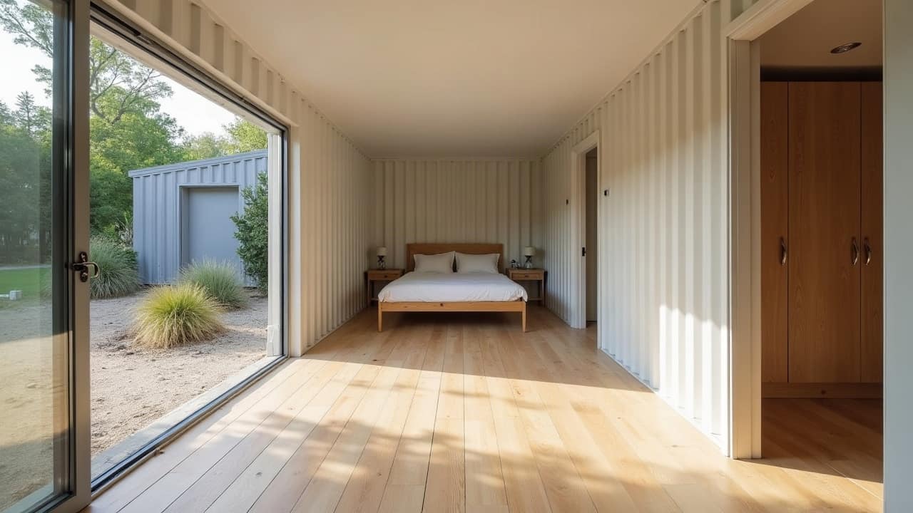 Intérieur d'un module container high cube fini, parois ondulées peintes en blanc, parquet clair, chambre au fond, baie vitrée sur le côté