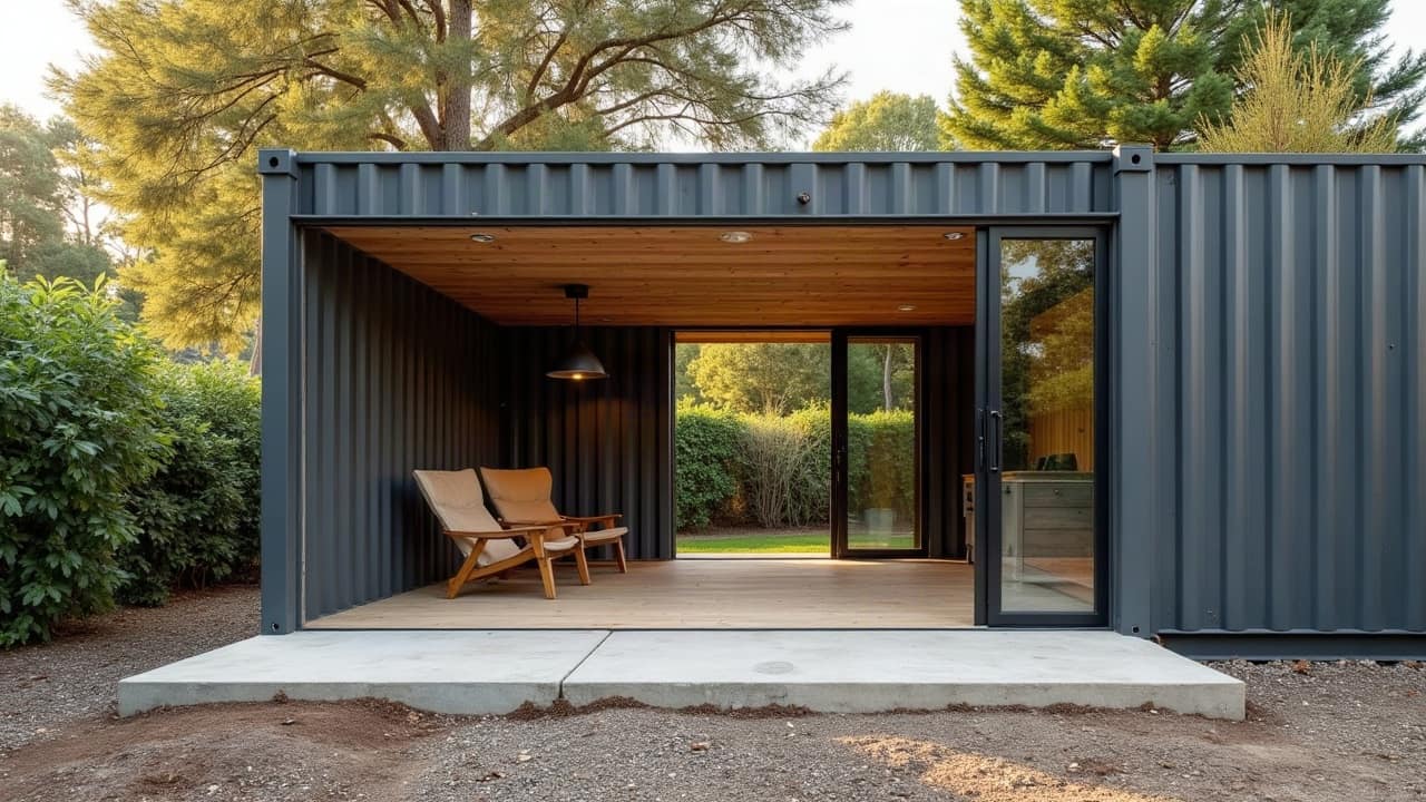 Maison container en acier anthracite posée sur une dalle propre, auvent habillé de bois, gravier autour