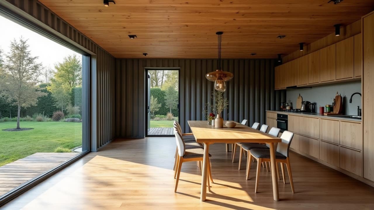 Séjour lumineux d'une maison container finie, grande baie vitrée sur le jardin, parquet clair, table en bois et cuisine ouverte au fond