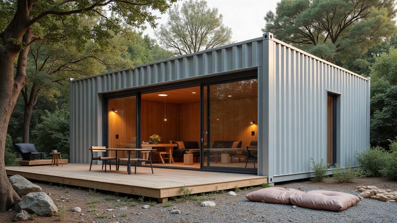 Maison container en acier gris clair avec grande baie éclairée, terrasse en bois et coussins posés dehors