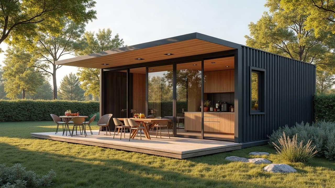 Maison container en acier anthracite avec auvent sur une grande terrasse, cuisine visible derrière la baie vitrée