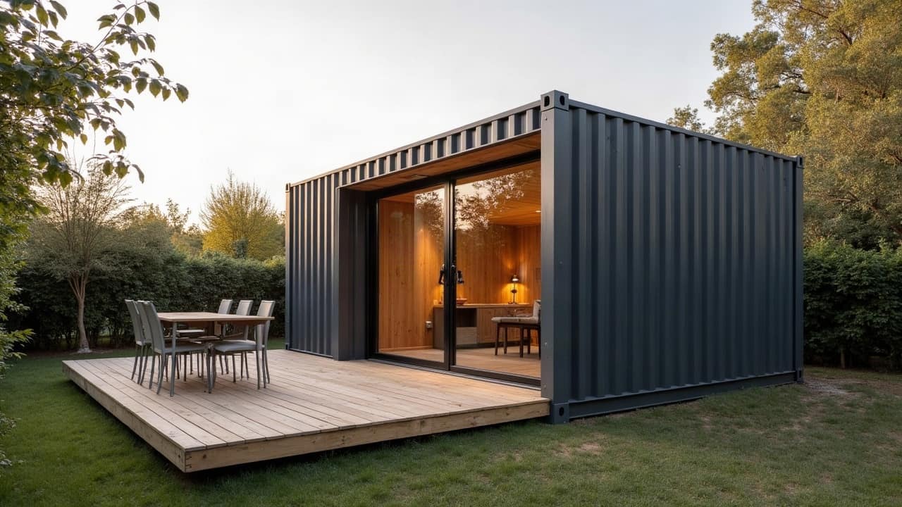 Maison container de plain-pied en acier anthracite, grande baie vitrée ouverte sur une terrasse en bois et une pelouse