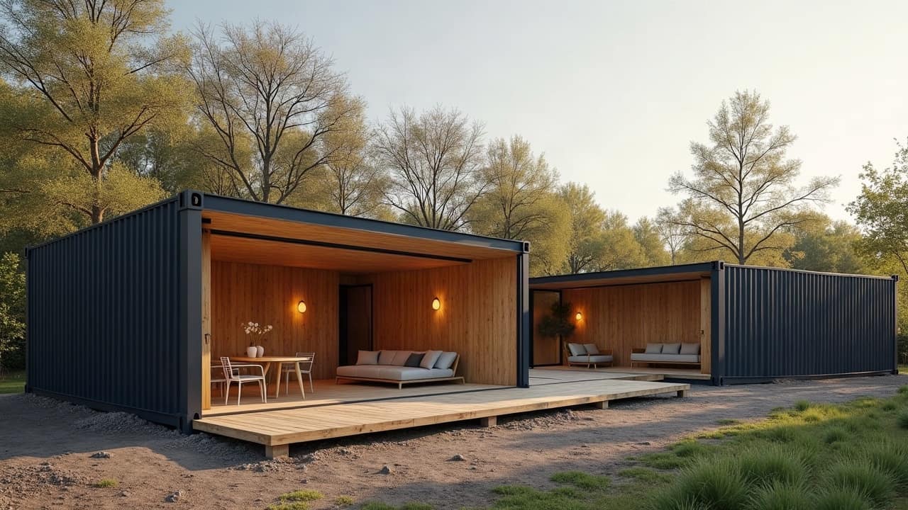 Deux modules container en acier anthracite, façades ouvertes sur des pièces habillées de bois, terrasse en bois entre les deux