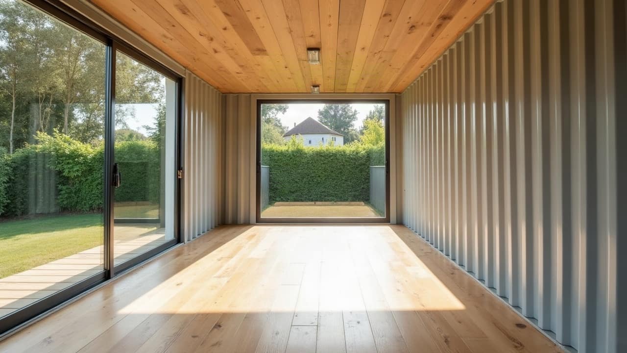 Intérieur lumineux d'une maison container terminée, parquet clair, murs blancs, grande baie vitrée donnant sur un jardin arboré