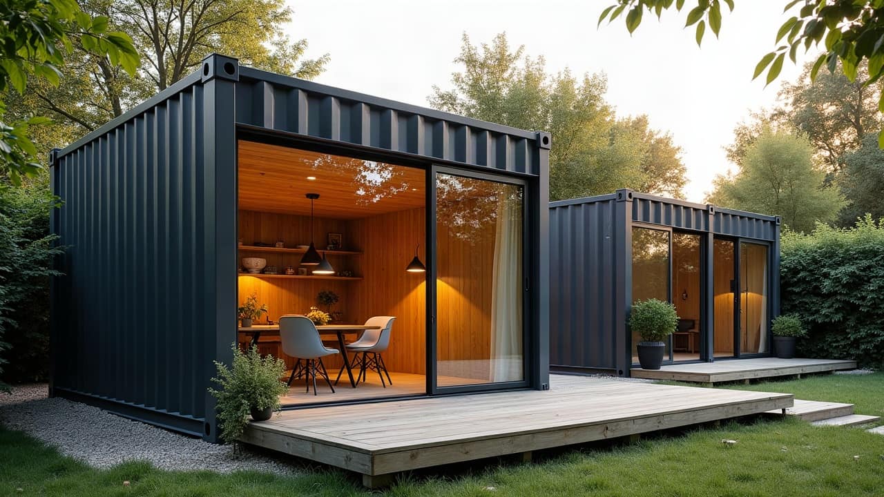 Bureau de jardin en deux modules container gris anthracite, grande baie vitrée et terrasse en bois