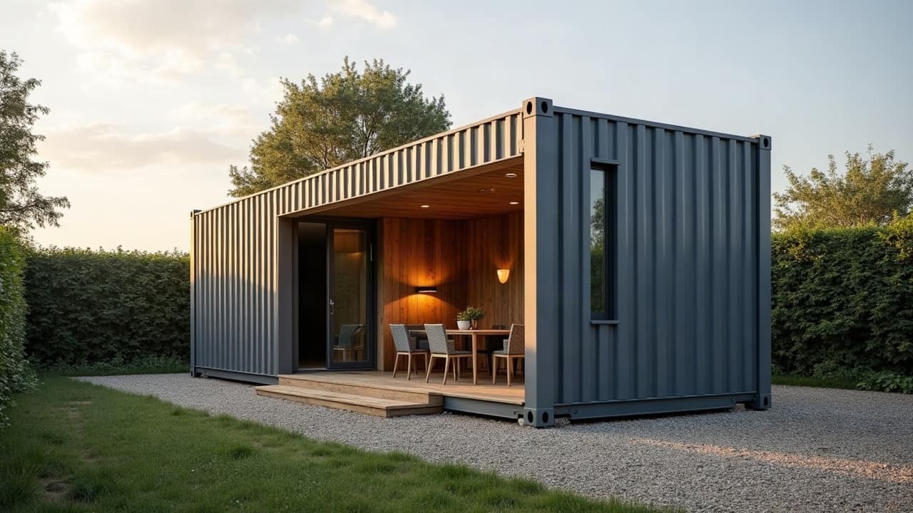 Petit module container en acier anthracite avec auvent habillé de bois, terrasse et coin repas, allée de gravier