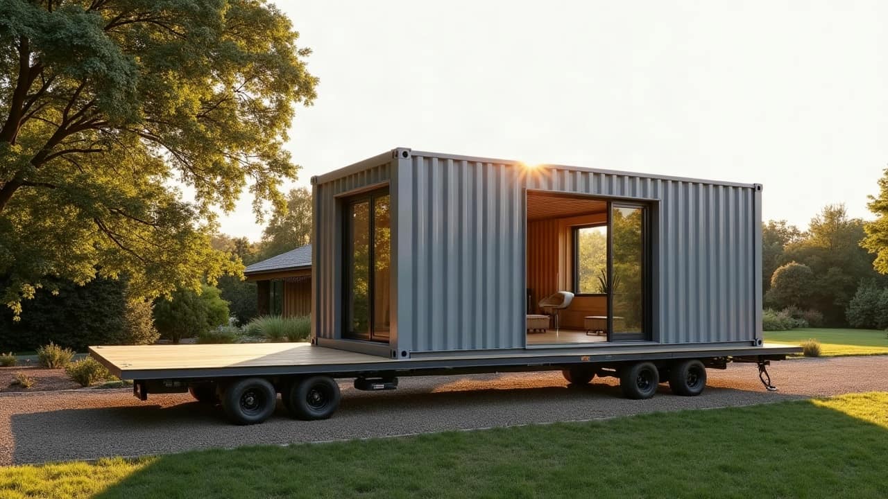 Camion plateau transportant un module container fini et bâché, arrêté devant un portail ouvert sur un grand jardin, sous un ciel clair